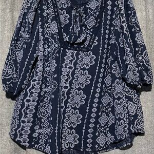 Fair Haven Boho Tunic Balloon 3/4 Sleeve Elegant Navy Geometric Floral Blouse